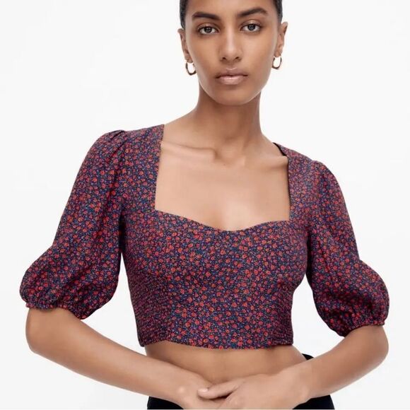 Zara Red & Black Floral Puff Sleeve Sweetheart Crop Top - Picture 1 of 10